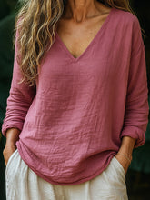 Chemise à col en V en lin de couleur unie simple pour femmes